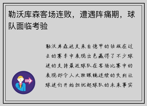 勒沃库森客场连败，遭遇阵痛期，球队面临考验