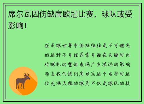 席尔瓦因伤缺席欧冠比赛，球队或受影响！