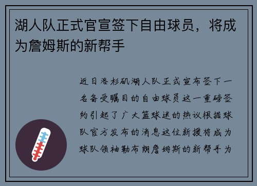 湖人队正式官宣签下自由球员，将成为詹姆斯的新帮手